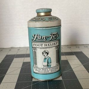 Antique/rare litho tin San-Tox Foot Relief, The De Pree Company, Holland, Mich